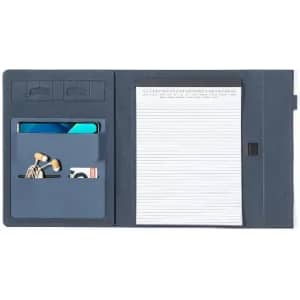 A navy blue folder with compartments for cards, earphones, and a lined notepad for writing.