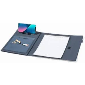 A grey organiser with a notepad, phone holder, and compartments for accessories. Features a sleek design and branding.
