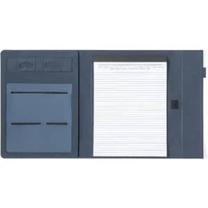 A notepad with a dark blue cover, featuring card slots and a lined writing pad on one side.