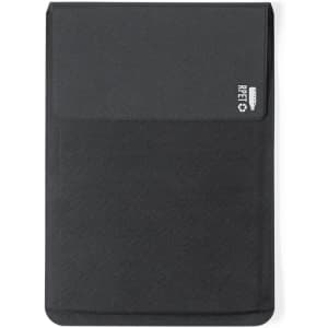 A padded black laptop sleeve with a front pocket and a logo on the top left corner.