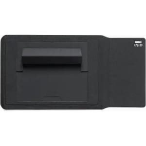 A black wallet with a textured surface and an opening for cards, featuring a logo in the corner.