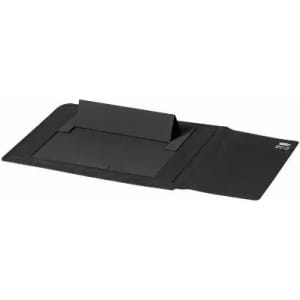 A black folder with a triangular stand for displaying documents, featuring a sleek, minimalist design.