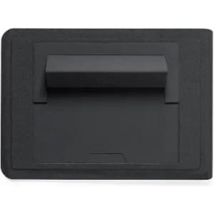 A black product with a handle and a textured surface, featuring a logo.