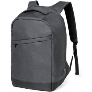 A dark grey backpack with shoulder straps and a front pocket, featuring a sleek design and a minimalistic style.