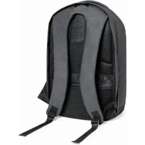 A black backpack with padded shoulder straps and a textured back for comfort. It features a simple design and has branding.