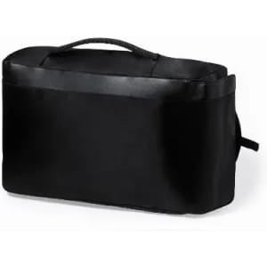 A black promotional product bag with a sturdy handle and a rectangular shape. It features a simple design.