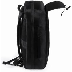 A black backpack featuring a side view with adjustable straps and a textured surface, including a logo.