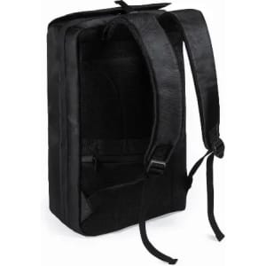 A black backpack with adjustable straps and a textured finish, featuring a zippered compartment on the front.