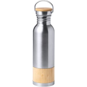 A drink bottle with a stainless steel body and a bamboo base, featuring a metal lid with a handle.