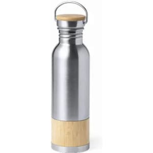 A drink bottle with a stainless steel body and a bamboo base, featuring a silver lid and a metal handle.
