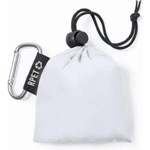 A compact white pouch with a drawstring and a carabiner clip, featuring a recycling logo on a tag.