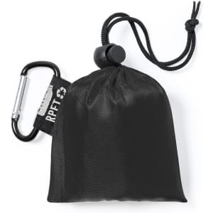 A black drawstring pouch with a carabiner clip attached, designed for storage and portability.