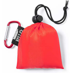 A red drawstring pouch with a black cord and a carabiner attached. The pouch is compact and lightweight.