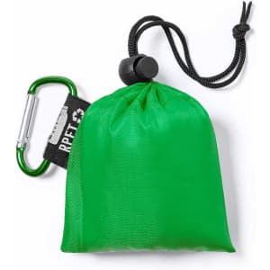 A green pouch with a drawstring and carabiner attached, featuring a branding label.