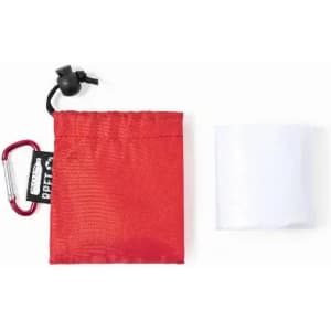 A red pouch with a drawstring and a carabiner, next to a clear plastic sheet. It features a logo.