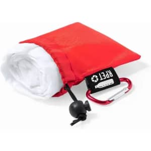 A red pouch containing a folded item with a carabiner clip attached.
