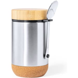 A drink bottle with a stainless steel body, bamboo lid, and a cork base, featuring a spoon attached to the side.