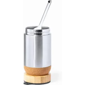 A drink bottle featuring a stainless steel body, cork base, and a metal straw. It has a branded logo.