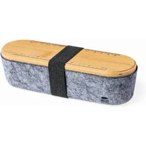 A grey felt pencil case with a bamboo lid featuring a ruler design and an elastic band for closure.