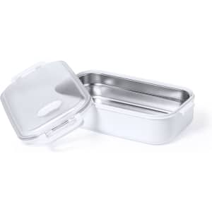 A lunch box featuring a white exterior and a stainless steel interior, with a removable lid.