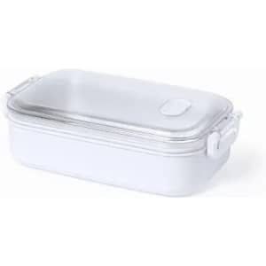 A storage container in white with a clear, hinged lid and side clips for securing. It features a sleek design.