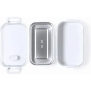A stainless steel container with a transparent lid, featuring a silver interior and two detachable sections.