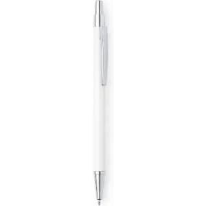 A white pen with a silver clip and tip, featuring a minimalist design and a logo.