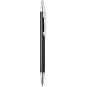 A black pen with a silver clip and tip, featuring a sleek design and minimal branding.