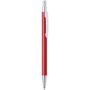 A red pen with a silver clip and accents, featuring a sleek design and a branding logo.