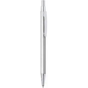 A silver ballpoint pen with a clip and retractable tip, featuring a simplistic design.