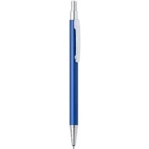 A blue ballpoint pen with a silver clip and tip, featuring a sleek design.