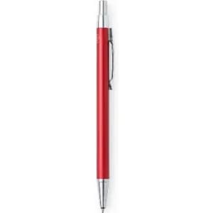 A red pen with a silver clip and tip, featuring a sleek, metallic design.
