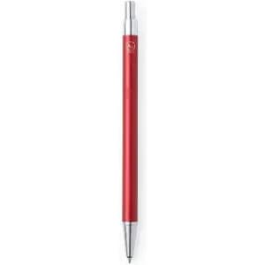 A red pen with a sleek metallic finish and a silver decorative element. It features a branding logo.