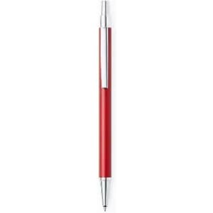 A red pen with a silver clip and tip, featuring a sleek design and a shiny finish.