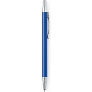 A blue pen with a silver clip and tip, featuring a smooth design and a glossy finish.