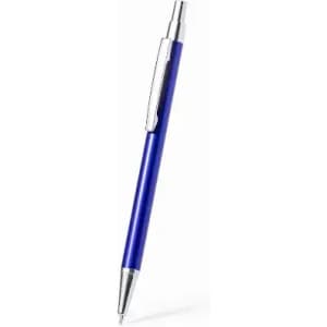 A blue pen with a silver clip and tip, featuring a sleek design. It has a branded logo on the barrel.
