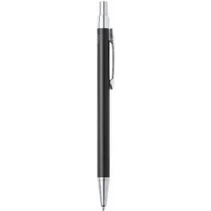 A pen with a sleek black barrel and silver accents, featuring a clip on the side. It has a simple design.