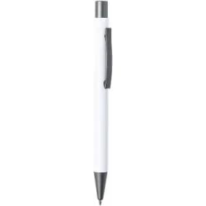 A pen with a white barrel and a black clip and tip, featuring a simple design.