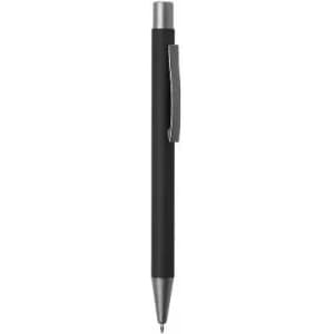 A black pen with a silver clip and tip, featuring a sleek design and no visible branding.