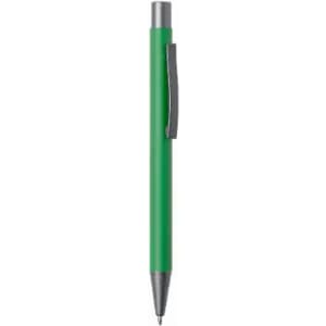 A green pen with a silver tip and clip. The design is sleek and simple.