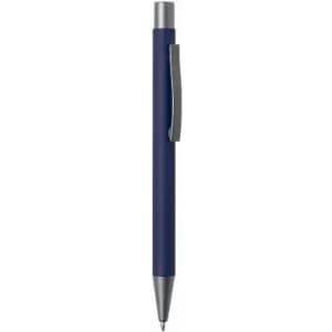 A pen with a navy blue barrel and silver accents, featuring a metal clip for easy attachment.