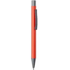 A red ballpoint pen with a grey clip and tip, featuring a simple design.