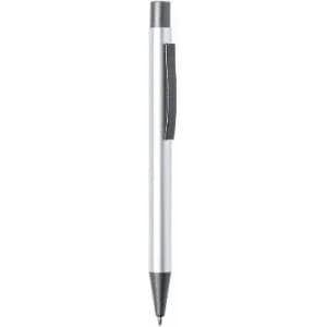 A ballpoint pen with a silver barrel and black accents, featuring a clip for easy attachment.