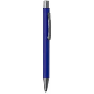 A blue ballpoint pen with a silver tip and clip. It features a sleek design.
