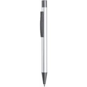 A silver pen with a black grip and tip, featuring a clip on the side.