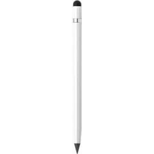 A stylus pen in white with a black tip, featuring a simple design and a metallic accent.