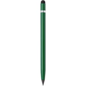 A green stylus with a metallic finish and a black rubber tip, featuring a sleek design and silver accents.