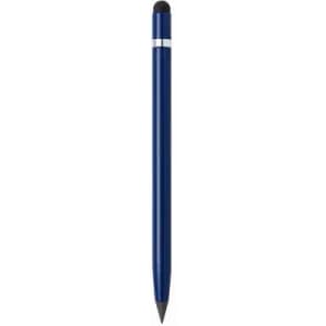 A stylus pen with a blue metallic body and a black rubber tip, featuring a silver ring near the top.