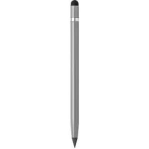 A stylus pen in silver with a black tip, featuring a sleek, elongated design.