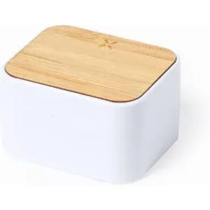 A container with a white base and a light wooden lid, featuring a smooth, rectangular design.